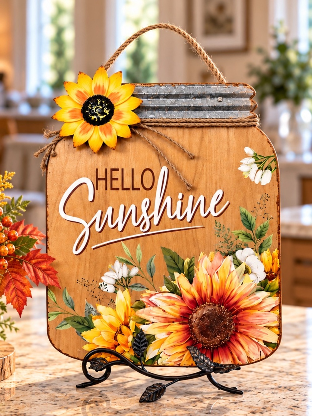 Sunflower Plaque Wall Shelf HELLO SUNSHINE Wood & Metal Hand Painted NWT 12x10